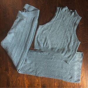 Matching Blue Cable Knit wide leg bell Pants & halter mock neck crop top Set